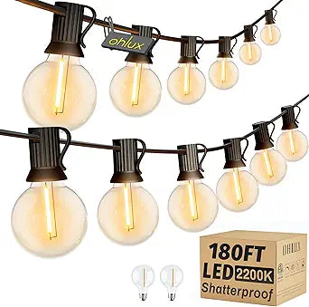 OHLUX Outdoor String Lights, 180FT LED Patio Lights with 82 Dimmable Plastic G40 Globe Bulbs 2 Spares, 2200K Waterproof Connectable Hanging Lights for Backyard Porch Cafe Party Decor E12 Socket