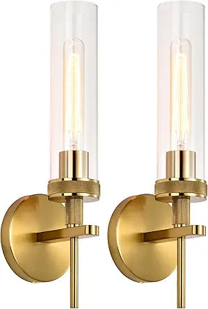 Gold Bathroom Light Fixtures Over Mirror, Hardwired Vanity Lights Set of 2 with Knurled Texture, Brushed Gold Wall Sconces with Clear Glass Shade, Modern Industrial Bathroom Lighting for Bedroom