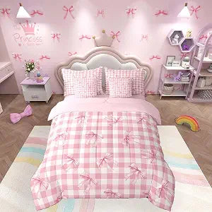 jejeloiu Girls Pink Bow Plaid Comforter Set with Sheets 7Pcs Full Size Kids