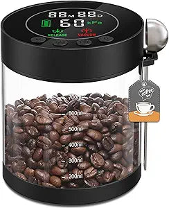 Electric Vacuum Coffee Canister, 0.8L Glass Airtight Food Storage Containers with Smart Pressure Sensor, Automatic Coffee Bean Container Rechargeable with LED Display Window for Kitchen Food Storage