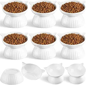 6 Pack Ceramic Raised Cat Bowl, 15 Tilted Anti-Vomiting Cat Food Dish, 5.6 Inch Wide Opening for Stress-Free Eating, Detachable Elevated Feeder for Senior Cats, Kittens, Small Dogs