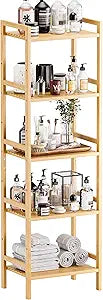 HITNET Tall Narrow Bookshelf, 5 Tier Bathroom Shelf Bamboo, Floor Standing Display Storage Organizer for Small Space, Adjustable Shelves, Natural Wood Bookcase