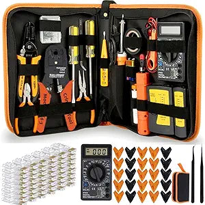LEATBUY Network Tool Kit Set, Cable Tester Repair Tools Wire Stripping Cutter, Coax Crimper Plug Crimping, Punch Down RJ11 RJ45 Cat5 Cat6 Wire Data Detector Stripper (Orange)