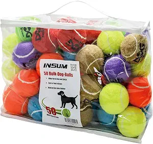 INSUM Tennis Balls for Dogs - Bulk 50 Pack 2.5'' Durable Non-Toxic Outdoor Dog Toys Balls with Mesh Bag, SGS Certified, Colorful Fetch Toys, Medium Large Breeds (Non Squeaky)