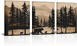 WELMECO Rustic Cabin Decor Bear Wall Art Framed Canvas Art Farmhouse Bedroom Bathroom Living Room Decor 12"x16" x 3Pieces