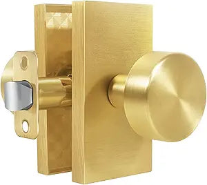 Satin Brass Zinc Alloy Passage Door Knob, Round Lever Handle with Rectangular Backplate, Hallway Closet Bedroom Bathroom Interior Hardware, 1 Pack