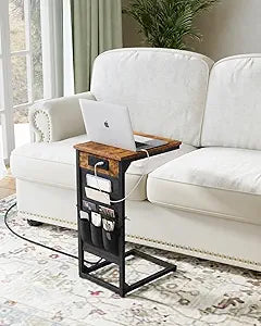 C-Shaped End Table with Fast-Charging Station, Small Couch Side Table with Storage Bag, Sofa TV Tray Table for Living Room, Bedroom, Bedside ET-BR-1