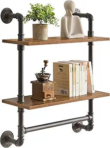 YMYNY Industrial Pipe Shelf Bracket, 2 Tiers Retro Wall Mounted Floating Shelf, Wood Look DIY Storage Shelving Bookshelf, UHRF-TM014