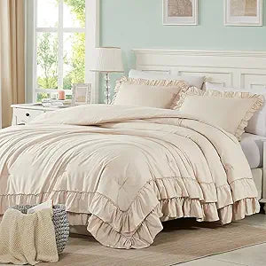 Cupocupa Beige Comforter Set Twin XL Ruffle Farmhouse Bedding Set Shabby Chic Fluffy Comforter for All Seasons Includes Comforter & 1 Pillow Sham (Beige, Twin XL/Twin)