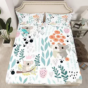 Erosebridal Kawaii Koala Bedding Set,Cartoon Koala Fitted Sheet Twin,Cute Love Heart Leaf Flower Bed Sheets for Kids Girls Boys,Paw Print Animals Sheets with 1 Pillow Case