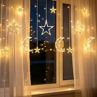 Moon Star Curtain String Lights, 11.5ft 120LED Moon Fairy Lights with USB & Battery Operated(Not Include) 8 Lighting Modes IP65 Waterproof Starry Night Lights for Christmas Ramadan Wedding Birthday