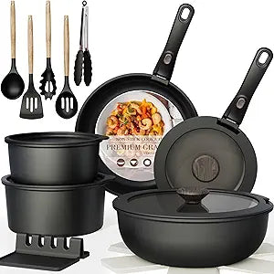 Astercook 21 Pcs Pots and Pans Set Non Stick, Ceramic Cookware Set Detachable Handle, RV Kitchen Cooking Set Removable Handles, Oven Safe, Induction Ready, Stackable, Black, Mothers Day Gifts
