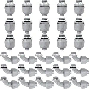 30 Pack 1/2 Inch Liquid Tight Connectors - PVC Electrical Conduit Fittings, Straight, 90 and 180 Degree Non-Metallic Flexible Connectors for Home, Bathroom, and Kitchen, Gray