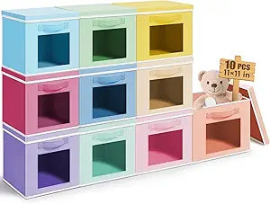 Threehoney 10 Pcs Fabric Storage Cubes with Lids and Clear Windows 11x11 Inch Foldable Closet Organizer Bins Aesthetic Pastel Storage Bins for Shelves Dorm Essentials Craft & Office Organization