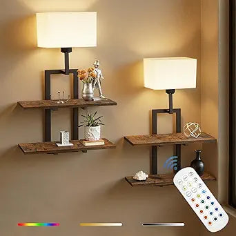 RINBOU Set of 2 Battery Operated Wall Sconce with 2-Tier Shelf, Remote Wireless Rechargeable Dimmable Wall Lights with Floating Shelves, Wall Lamps for Bedroom Living Room Hallway Bathroom Decor