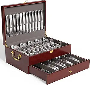 Mahogany Wood Silverware Storage Box,2-Layer Silverware Chest Case with Lid Drawer Handle Silverware Case with Felt Lined,Flatware Storage Box Holds 12-16 Sets of Utensils,Wedding Housewarming Gifts