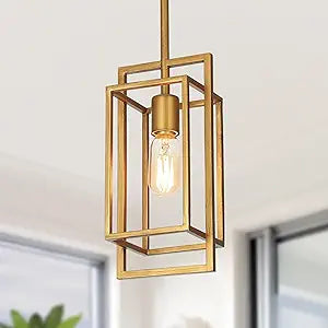 KSANA Antique Gold Pendant Lighting, Modern Golden Geometric Cage Hanging Light Fixture for Kitchen Island, Foyer, Dining Room and Hallway