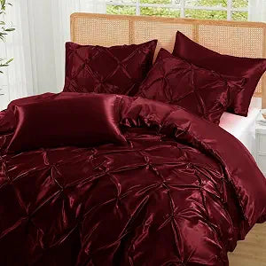 P Pothuiny 5 Pieces Burgundy Satin Pintuck Duvet Cover Full/Queen Set