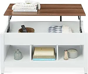 Best Choice Products Lift Top Coffee Table with Hidden Storage, Accent Table Furniture for Living Room, Display Shelves - White/Brown