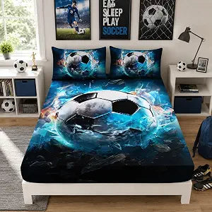 Kids Soccer Bedding Full Size,1 Fitted Sheet+2 Pillowcases.