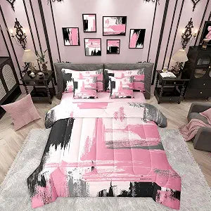 Erosebridal 7 Pieces Pink and Black Abstract Comforter Set Queen Black and Pink Comforter Set for Kids Girls Women Geometric Modern Art Bedding Set for Boys Teens Adults Girly Fashion Bed in A Bag