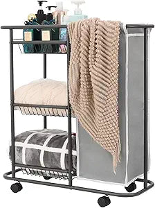 Rolling Laundry Sorter with 3 Storage Baskets and 45 L Bag, 3-Tier Laundry Caddy Between Washer and Dryer,Laundry Room Organization with Wheels and Handle for Narrow Space Bathroom Apartment Dorm