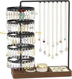 5-Tier Rotating Jewelry Organizer, Earring Holder Tree with Necklace Hooks, Bracelet Holder & Wooden Base, Multi-Functional Jewelry Stand for Women (Earring Rack, Necklace Organizer, Jewelry Tower)