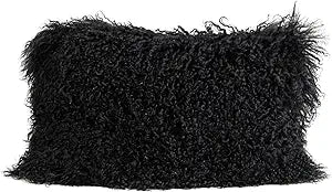 MOOX Mongolian Lamb Fur Pillow Covers Lumbar Throw Sheepskin Pillow Case Genuine Wool Fur Tibetan Accent Living Room Bedroom Decorative Cushion Cover (12 * 20inch Black)