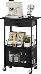 SWTYMIKI Buffets Coffee Bar Cabinet - Rolling Kitchen Rack, Farmhouse Small Coffee Stand with Storage Drawer and Door Cabinet - Kitchen Microwave Stand for Apartment, Living Room, Entryway, Black