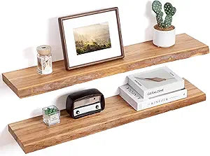 Floating Shelves for Wall Decor, Rustic Solid Elm Wood Live Edge Floating Shelves Wall Mounted, Wall Shelves with Invisible Bracket for Living Room Bathroom Bedroom Kitchen, 36 Inch Set of 2, Natural
