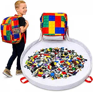 BrickPack Building Brick Storage Backpack with 60 Inch Play Mat, Toy Organizer, Quick Cleanup Chute, Minifigure Display Pockets, Compatible with LEGO