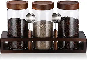 Suclain 3 Pcs Glass Coffee Bean Container 44 oz Airtight Coffee Canister with Shelf and Measuring Spoon Kitchen Food Canister Jar for Sugar Candy(Fashion Style)