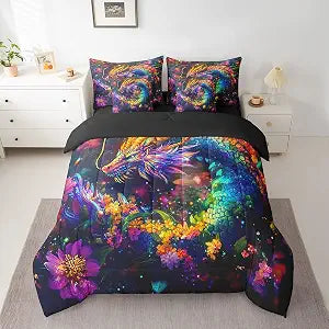 Feelyou Dragon Comforter Set King Size for Boys Girls Teens 7 Pieces Flower