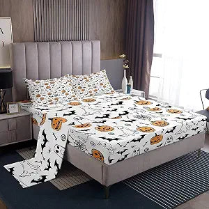 Feelyou Halloween Sheet Set Queen Size Ghosts Sheets with Deep Pocket Fitted Sheet for Boys Girls Teens Spiders Bed Sheets Set Pumpkin Room Decor White