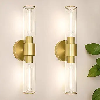 Brushed Gold Wall Sconces Set of 2 (Hardwired Only), Bathroom Vanity Light Fixtures, Modern Cylinder Glass Wall Lights for Mirror 28-40 in Height, NOT Battery Operated, E26 Base (Bulbs Not Included)