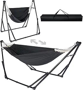 2-in-1 Hammock & Swing Chair for Teens Adjustable Folding Chair with Collapsible Steel Stand, Portable for Camping, Travel, Patio & Indoor Use, Includes Carrying Case, Supports 440 LBS