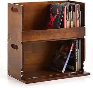 CroBlissful 2 Set Wooden DVD Storage Box DVD Storage Shelf Holder Solid Wood Cassette Tape Display Organizer with Carrying Handle for CD, Movie Cases, Each Organizer Can Store up to 26 Boxes (Brown)