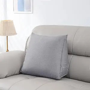 Triangular Reading Pillow with Side Pocket, Linen Backrest Support Cushion for Sofa Bed, (Misty Gray, Medium 18.5 * 15.7 * 7.1in)