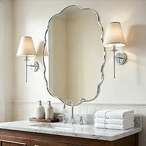 ANDY STAR Chrome Wavy Oval Bathroom Mirror - 24x36 Inch Polished Scalloped Bathroom Mirror, Unique Irregular Design with Heavy Duty SUS Metal Frame