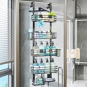 Consumest Over The Door Shower Caddy - 5 Tier Adjustable Shower Organizer Hanging with 2 Toothbrush Holders & 4 Hooks, Rustproof Organizer Shelf, Storage Rack for Bathroom, Black