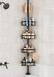 cutefafa Rustproof Corner Shower Caddy Tension Pole, 4 Large Baskets for Bathtub Shampoo Storage Organizer Bathroom Height Adjustable Shelves from 23.6 to 114.5 Inch with Towel Bar