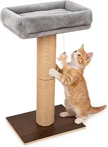 Cat Scratching Post, Retro-Style Tall Cat Scratcher Tower with Removable Gray Fluffy Cusion Perch, Natural Pine & Sisal Cat Scratcher for Indoor Cats, Medium