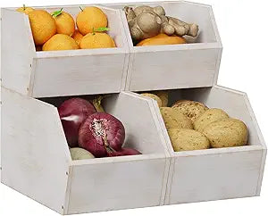 Trironsun 2 Set Bamboo Pantry Storage Bins Wood Stackable Baskets Potato and Onion Storage Bins Fruits Vegetable Bread Organization for Kitchen Counter