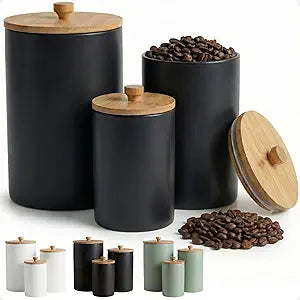 Ceramic Kitchen Canisters for Countertop Set of 3 with Airtight Bamboo Lids - Black Kitchen Canisters with Airtight Lids - Flour Sugar Canister Set - Flour and Sugar Containers Farmhouse - Coffee Jar