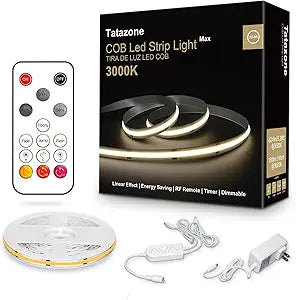 Tatazone 32.8ft 3000K Bright COB LED Strip Light, Dimmable, CRI93+, Warm White, Indoor, RF Remote, Adhesive, for Living Room, Shelf, Cabinet, Kitchen