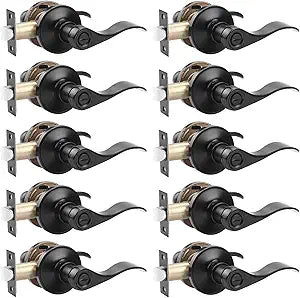Probrico (10 Pack Privacy Door Lever,Locking Black Door Handle Set for Bathroom & Bedroom Doors,Keyless Interior Door Handle Black Finish Wave Door Lock, Reversible Right & Left Side Handed