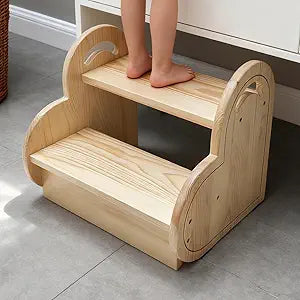 Wooden Stool with 2 Steps for Bedroom Kitchen High Shelves, Small Step Stool with Non-Slip Pads for Toddler Toilet Potty Training, Bathroom Sink, Step Ladder for Adults and Kids