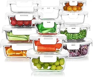 KOMUEE 24 Pieces Glass Food Storage Containers Set, Meal Prep Containers, BPA-Free Airtight Glass Storage Containers with lids,Freezer, Microwave and Oven Safe,White