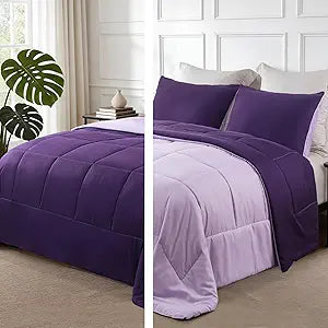 Exclusivo Mezcla Lightweight Reversible Oversized Queen Size Comforter Set, Down Alternative Comforter with 2 Pillow Sham, Oversized Queen Size Bedding Set for All Seasons, Deep Purple/Lilac