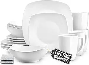 Zulay Kitchen Luna Plates and Bowls Sets, 16 Piece Modern Porcelain Dish Set for 4, Chip and Scratch Resistant Square Dinnerware Set, Microwave and Dishwasher Safe, Pearl White